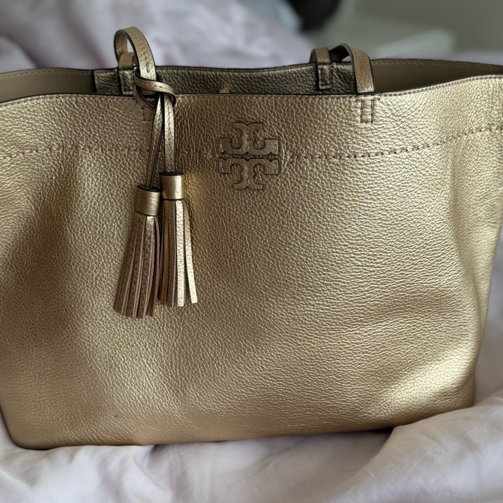 Tory Burch Metallic Gold McGraw Tote Bag